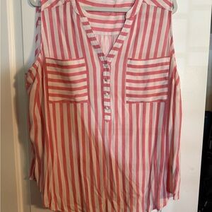 Torrid Pink and White Sleeveless Blouse with Mandarin Collar